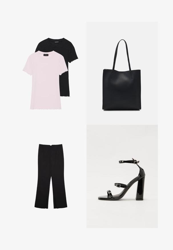Dvě trička s krátkým rukávem, jedno růžové a jedno černé, vyrobená z ribbrované látky se skládanými lemy, s kulatým výstřihem a viditelnou cedulkou.; Černé kalhoty s rovným střihem, s předními kapsami a bočními rozparky na lemu. Vyrobené z jemné, hladké tkaniny. Vhodné na různé příležitosti.; Černé lakované sandály na vysokém podpatku se dvěma pásky se sponami, čtvercovou špičkou a robustním blokovým podpatkem, s hladkou, lesklou texturou.; Černá kožená taška přes rameno s hladkým povrchem, obdélníkovým tvarem a dvěma dlouhými uchy. Žádné viditelné kování ani ozdoby.