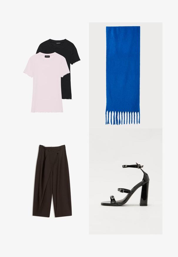 Kaksi lyhythihaista t-paitaa, yksi vaaleanpunainen ja yksi musta, joissa on ribattua kangasta ja aaltoilevat helmat, pyöreä pääntie ja näkyvissä oleva merkki.; Tummanruskeat leveälahkeiset housut, joissa on korkea vyötärö, yhden napin sulkea ja pleatattu etuosa. Valmistettu kevyestä kankaasta.; Musta kiiltäväpintainen korkokengät, joissa on kaksi solkikiinnitystä, neliönmuotoinen kärki ja paksu korko, sileällä, kiiltävällä pintarakenteella.; Sininen fringekangas, joka on valmistettu pehmeästä materiaalista; siinä on yksivärinen pinta ja tasaisesti leikattu fringejalkeen alareunassa.