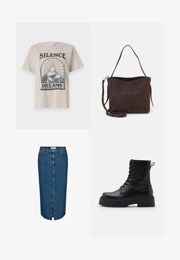 Lys beige t-shirt lavet af bomuld, med et sort grafisk tryk der læser "SILENCE" over "DREAMS" med sol- og stjernedesigns.; Denim blyantskørt i mørkeblå, med en forslidse, fem lommer og kontrasterende syninger. Mellem høj talje med et klassisk design.; Sorte læder ankelstøvler med rund tå, snørebånd foran og en tyk gummisål med struktureret slidbane. Hæfteløkke bagpå.; Brun ruskinds tote bag med en blød tekstur, der har en enkelt skulderrem og en diskret buet topåbning. Ingen synlige hårde detaljer.