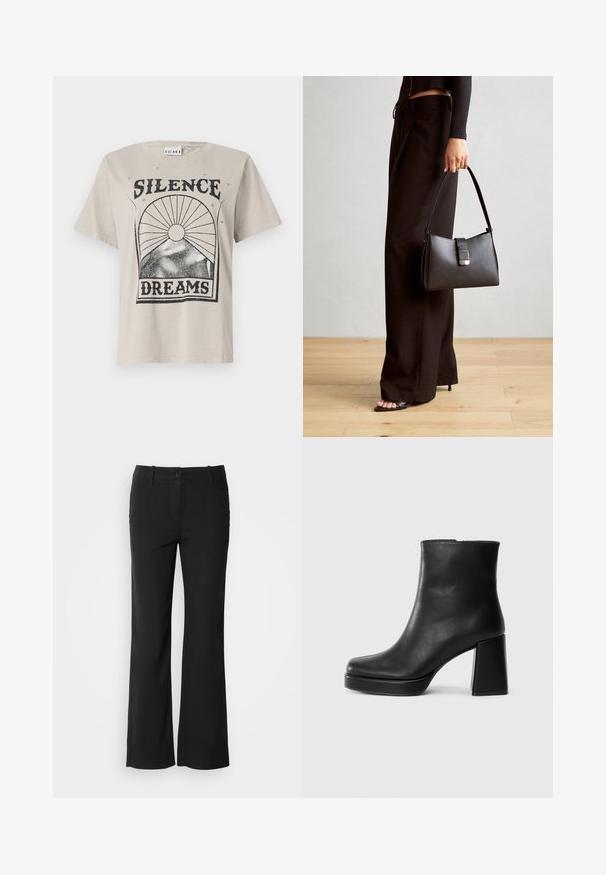 Gaiši bežs t-krekls, kas izgatavots no kokvilnas, ar melnu grafiku, kurā ir rakstīts "KLUSUMS" virs "SAPNI" un saules un zvaigžņu dizains.; Melni kokvilnas auduma bikses ar taisnu kāju dizainu, priekšējo pogu aizdari un divām sānu kabatām. Gluda tekstūra, bez redzamām rakstu zīmēm.; Melna ādas potīšu zābaku ar bloku papēdi un platformas zoli, skatīts no sāna uz vienkārša balta fona.; Melnā somiņa ar strukturētu formu, gludu tekstūru un metālu sprādzi. Saskaņota ar platām melnām biksēm un sandālēm ar atvērtu purngalu uz koka grīdas.