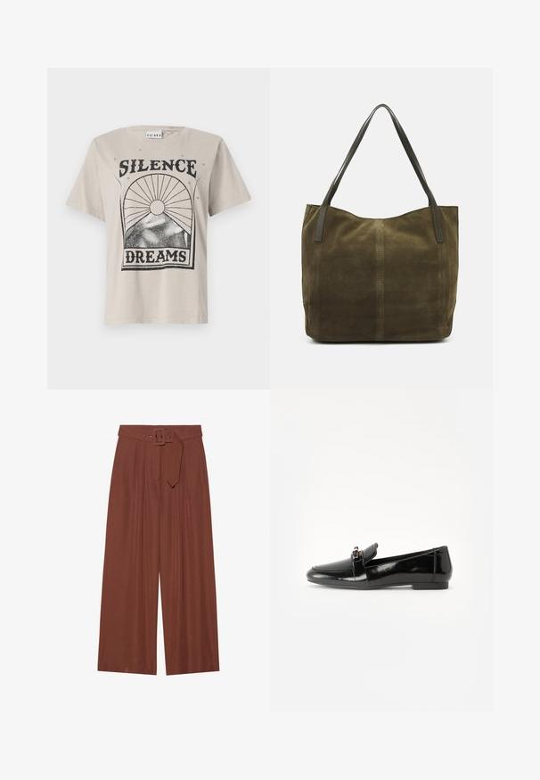 Lys beige t-skjorte laget av bomull, med et svart grafisk trykk som leser "STILHET" over "DRØMMER" med sol- og stjernedesign.; Bredde bukser i brunt stoff, med belte med firkantet spenne, plisserte design og myk tekstur.; Svart lakkert lærloafer med flat såle, rund tå og en dekorativ rem med gulltonet akzent. Glatt, blank overflate.; Olivengrønn semsket tote-veske med to lærhåndtak, myk tekstur, sydd detalj nedover midten og åpen toppdesign.