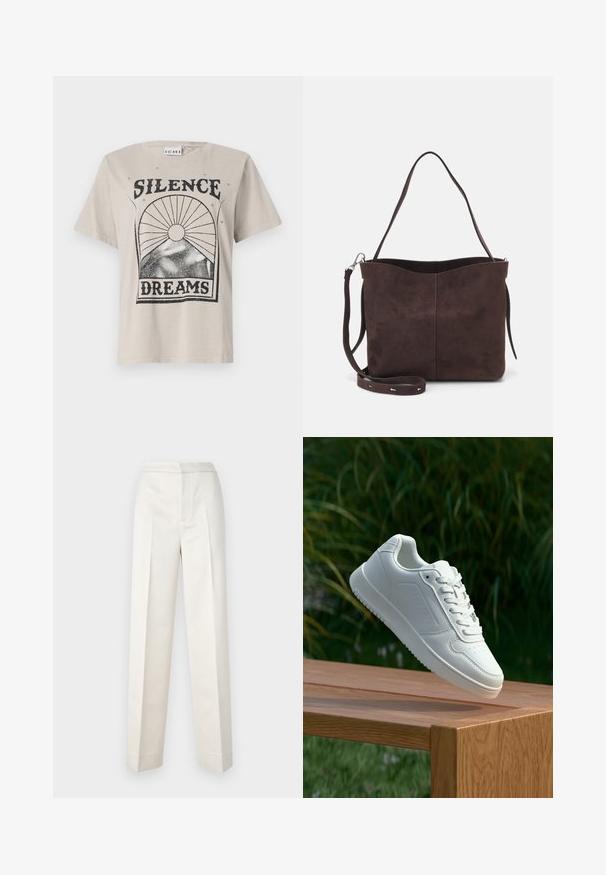 Camiseta de algodón de color beige claro, con un estampado gráfico negro que dice "SILENCIO" encima de "SUEÑOS" con diseños de sol y estrella.; Pantalones color crema con un corte ajustado, que presentan una pierna recta, tejido suave, pliegues frontales y un dobladillo limpio. Diseño minimalista.; Zapatilla blanca con un upper sintético suave, caja de dedos perforada, cordones planos y una suela texturizada, exhibida sobre una superficie de madera.; Bolso tote de ante marrón con una textura suave, que presenta una sola correa para el hombro y una sutil apertura curva en la parte superior. Sin detalles de herrajes visibles.
