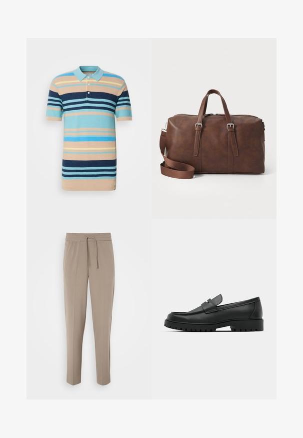 Gestreiftes Poloshirt in hellblau, navy und beige, mit kurzen Ärmeln, Kragen und zwei Knöpfen, aus strukturiertem Strickmaterial gefertigt.; Helle beigefarbene Hose mit elastischem Bund, verstellbarem Kordelzug und schmal zulaufenden Beinen. Der Stoff wirkt glatt mit einem leichten Glanz.; Schwarze Lederloafer mit runder Zehenform, ausgestattet mit einem gesteppten Design, niedrigem Plattformsohle und einer strukturierten, genoppten Gummisohle.; Braune Lederreisetasche mit oberen Griffen, abnehmbarem Tragegurt, Reißverschluss und glatter Textur. Minimalistisches Design ohne sichtbare Logos.