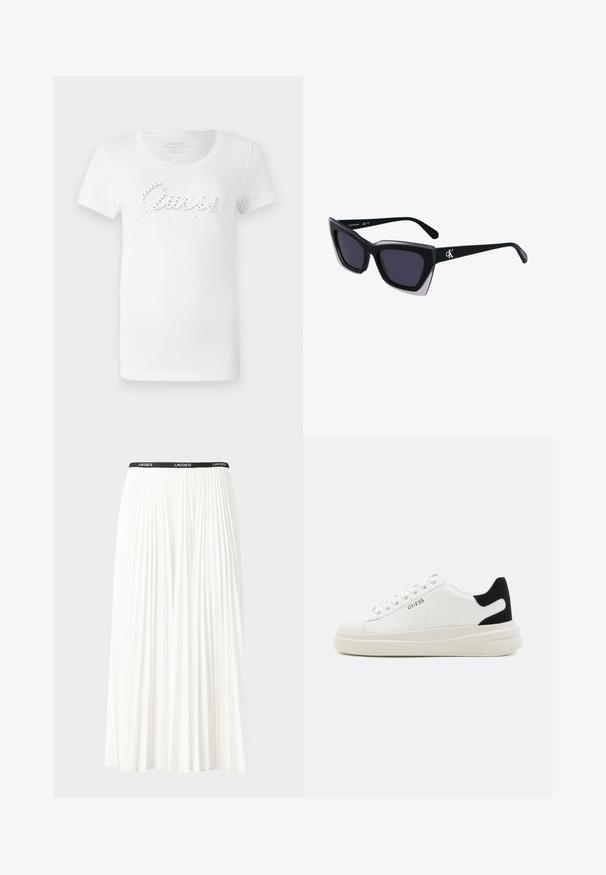 Bijela majica s kratkim rukavima s uzdignutim logotipom "Guess" ukrašenim rhinestones, okruglim izrezom i mekim pamučnim materijalom.; Nabrana bijela suknja s crnim elastičnim pojasom na kojem se nalazi logo "LACOSTE". Srednje dugačak dizajn s mekim teksturom.; Bijele kožne tenisice s debelim bijelim potplatom, crnim zamšastim akcentom na peti i ugraviranim logom sa strane. Dizajn s vezicama i šest rupa za vezivanje.; Crne oversize sunčane naočale geometrijskog oblika, s tamnim staklima i kontrastnom sivom dekoracijom na okviru. Logo na dršci.