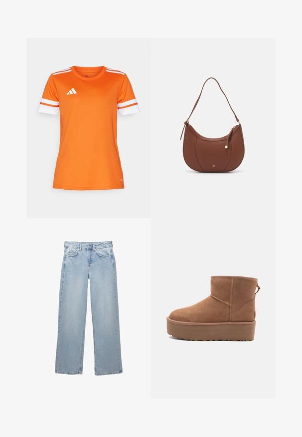 Orange idrottströja med vita och orange randsydda ärmar, gjord av slätt tyg. Har Adidas-logotypen i vitt på bröstet.; Ljusblå denim byxor med vid bendesign, featuring en knapp- och dragkedjestängning, fem fickor och minimala sömnadsdetaljer.; Tan mockasköna med plattformssula, rund tå och broderade detaljer; har en dragflik baktill för enkel påtagning.; Brun faux läder axelväska med rundad form, minimal sömnad och detaljer i guldfärgad hårdvara. Har en övre dragkedjestängning och justerbar rem.