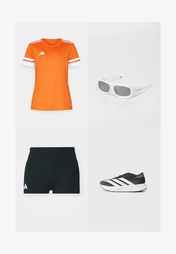 Oranžinė sportinė marškinėlė su baltais ir oranžiniais juostelėmis ant rankovių, pagaminta iš glotnaus audinio. Krūtinėje yra balta Adidas logotipas.; Juodi sportiniai šortai, pagaminti iš tamprios medžiagos, su aukštu juosmeniu, aptemptu siluetu ir baltu Adidas logotipu kairėje pusėje.; Juodas sportinis batelis su baltais dryžiais, tinklelio viršus, paminkštintas padas ir šiuolaikiškas dizainas. Pilki akcentai kulne ir liežuvyje.; Balti stačiakampiai Oakley saulės akiniai su tamsiais lęšiais, padėti ant balto paviršiaus, šone matomas logotipas.