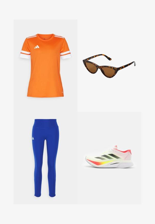 Camisa atlética laranja com mangas listradas em branco e laranja, feita de tecido suave. Apresenta o logo da Adidas em branco no peito.; Leggings atléticos azuis com uma cintura alta, feitos de material elástico, com um logotipo branco na anca esquerda e bainhas discretas.; Tênis de corrida com um cabedal em malha leve branca com riscas pretas, detalhes em amarelo-neon, um calcanhar rosa e uma sola curva branca.; Óculos de sol estilo gato com uma armação em tartaruga preta e laranja, lentes castanhas e pontas elegantes e pontiagudas. Apresenta um logo minimalista na haste.