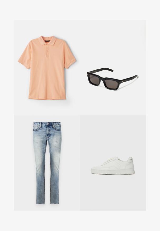 Polo de pêssego feito de algodão. Apresenta um colarinho clássico, mangas curtas e um logotipo discreto no peito. Textura suave, design simples.; Calças de ganga azul claro com um acabamento desbotado, design ajustado, cinco bolsos e costuras contrastantes nas emendas.; Sapatilha de couro branco com acabamento suave, bico redondo, atacadores planos e uma sola texturizada. Apresenta um logotipo discreto no calcanhar.; Óculos de sol retangulares pretos com lentes escuras, armação de plástico espesso, detalhes em dourado nas hastes e logotipo da marca gravado na lateral.