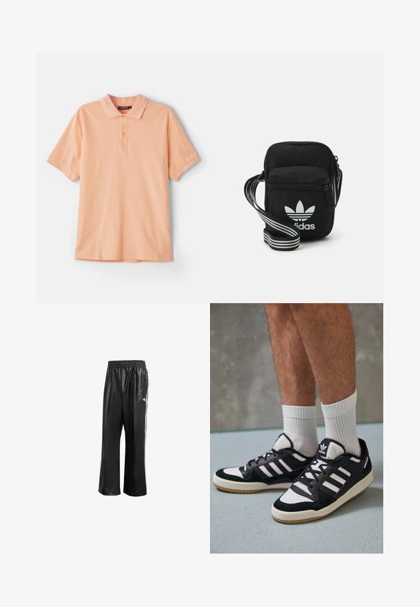 Persikofärgad polo skjorta i bomull. Har en klassisk krage, korta ärmar och en diskret logotyp på bröstet. Mjuk textur, enkel design.; Svarta syntetiska löparbyxor med elastisk midja, prydda med vita sidosträck och en liten vit logotyp på vänster höft.; Svartvita sneakers med ovandel i mocka och läder, med tre vita ränder, perforerad tå och sula av gummigummi.; Svart tygaxelväska med dragkedjestängning, prydd med en vit Adidas-logga och ett randigt justerbart band för enkel bärning.