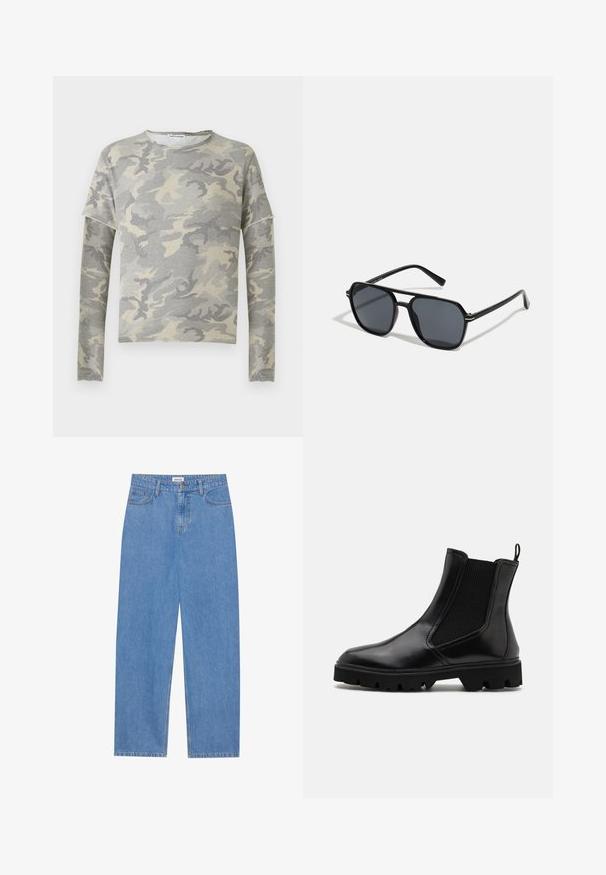 Pilkas kamufliažo sportinis džemperis su ilgomis rankovėmis, apvaliu kaklu ir šiek tiek nukritusiu pečių dizainu. Pagamintas iš minkštos medžiagos su lygiu paviršiumi.; Šviesiai mėlynos džinsinės kelnės su tiesiu kirpimu, penkių kišenių dizainu, vieno mygtuko užsegimu ir subtiliomis siuvimo detalėmis siūlėse.; Juodi Chelsea batai su blizgiu odos paviršiumi, elastinėmis šoninėmis detalėmis, ištraukimo kilpele ir storiu guminio pado su protektoriais.; Juodos akiniai nuo saulės su aštuonkampiu rėmeliu, tamsiais objektyvais, blizgiu paviršiumi, plonomis šakutėmis ir auksinėmis akcentais priekyje.