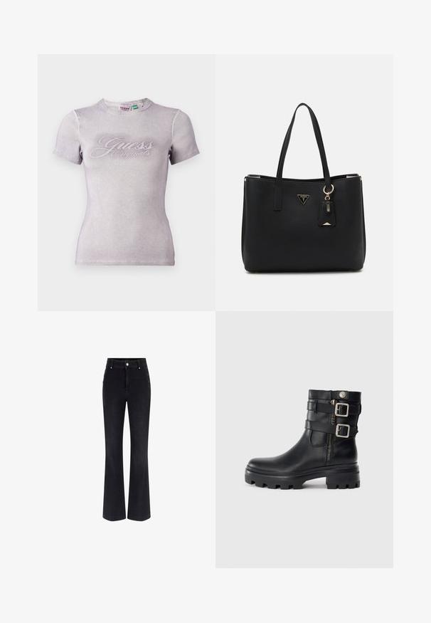Lila trumpas rankovės marškinėlis su raukšlėta tekstūra ir apvaliu kaklu. Ant priekinės dalies yra kontrastinga "Guess Originals" logotipo užrašas.; Juodos džinsinės plačios kelnės, turinčios aukštą liemens aukštį, penkių kišenių dizainą ir metalinius mygtukus šonuose. Lygus paviršius ir klasikinis sijonas.; Juodas odinis kulkšninis botas su dvigubais sagtelių akcentais, užtrauktuku, masyviu padu ir lygiu paviršiumi. Turi tvirtą, stilingą dizainą.; Juodas pirkinių krepšys, pagamintas iš tekstūruotos sintetinės medžiagos, su dviem rankenomis, auksine logotipo plokšte ir maža etikete su akcentu.