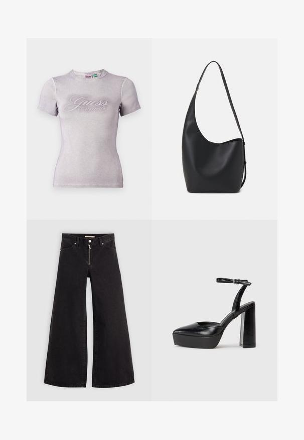 Lila trumpas rankovės marškinėlis su raukšlėta tekstūra ir apvaliu kaklu. Ant priekinės dalies yra kontrastinga "Guess Originals" logotipo užrašas.; Plačios kojų džinsai iš juodo džinsinio audinio su užtrauktuku priekyje, penkių kišenių dizainu ir subtiliais siuvinėjimo akcentais. Lygus paviršius ir laisvalaikio stilius.; Juodi platforminiai aukšti kulniukai su smailiu kojų pirštu ir reguliuojamu kulkšnies dirželiu. Pagaminti iš lygaus odos, turi masyvų blokinį kulną.; Juodas odinis hobo maišas su lygiu paviršiumi, kreipta forma ir viena reguliuojama rankena; turi platų atidarymą viršuje.