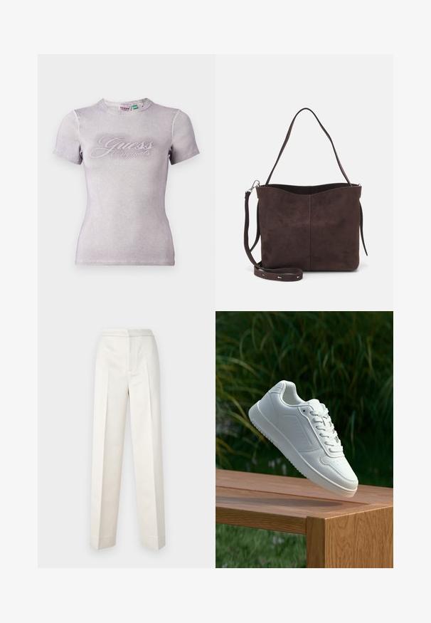 T-shirt lilás de manga curta em textura canelada com gola redonda. Apresenta o logótipo "Guess Originals" em uma fonte contrastante na frente.; Calças creme com um corte ajustado, apresentando perna reta, tecido suave, pregas frontais e barra limpa. Design minimalista.; Sapatilha branca com um cabedal sintético liso, caixa dos dedos perfurada, atacadores planos e uma sola texturizada, exposta sobre uma superfície de madeira.; Saco tote em camurça castanha com uma textura suave, apresentando uma única alça de ombro e uma abertura superior levemente curvada. Sem detalhes de hardware visíveis.