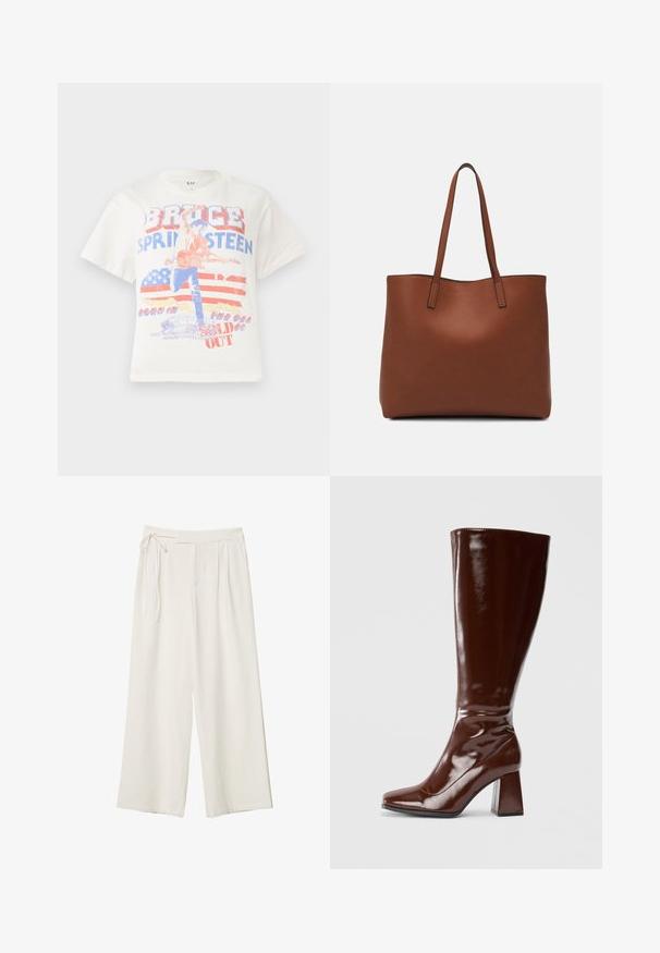 Weißes Baumwoll-T-Shirt mit einem Grafikdruck eines Gitarristen, dem Text "Bruce Springsteen" und einem Hintergrund in Rot und Blau mit der amerikanischen Flagge.; Weite Hosen aus elfenbeinfarbenem Stoff mit glatter Textur. Verfügt über einen gebundenen Bund und einen gefalteten Vorderteil, konzipiert für eine entspannte Passform.; Knöchelhohe braune Lacklederstiefel mit quadratischer Spitze, glänzender Oberfläche und stabilen Blockabsätzen. Nahtloses Design ohne sichtbare Beschläge.; Braune Leder-Tote mit glatter Textur, offenem Oberteil und zwei Schulterriemen. Verfügt über minimale Nähte und keine sichtbaren Beschläge.