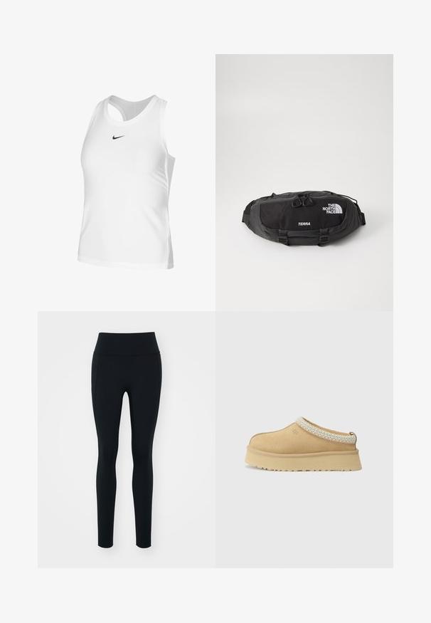 Bijela atletska majica bez rukava od glatkog materijala, s okruglim izrezom, otvorenim leđima i malim crnim Nike logom na prsima.; Crne tajice od rastezljivog materijala s visokim strukom. Glatka tekstura, uski dizajn i bez vidljivih ukrasa ili uzoraka.; Svi trsno bež slip-on cipele s podstavljenim ovratnikom i teksturiranim svijetloplavi akcentom. Ima debeo, izdržljiv potplat s uzorkom.; Crna torba za struk izrađena od izdržljivog najlona, sa zatvaračem i dvostrukim povlačenjem, te kontrastnim bijelim logotipom i tekstom. Kompaktni dizajn s podesivim trakama.