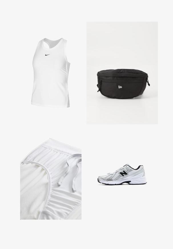 White athletic tank top made of smooth fabric, featuring a round neck, open back, and a small black Nike logo on the chest.; White athletic shorts with a textured waistband, gathered side details, and a flat drawstring. Soft fabric with smooth finish.; Silver athletic shoe with mesh material, black accents, perforated design, and a cushioned white sole. Features a prominent 'N' logo.; Black waist bag made of nylon; features a front zipper pocket, adjustable strap, and a logo patch. Rounded shape with a smooth texture.