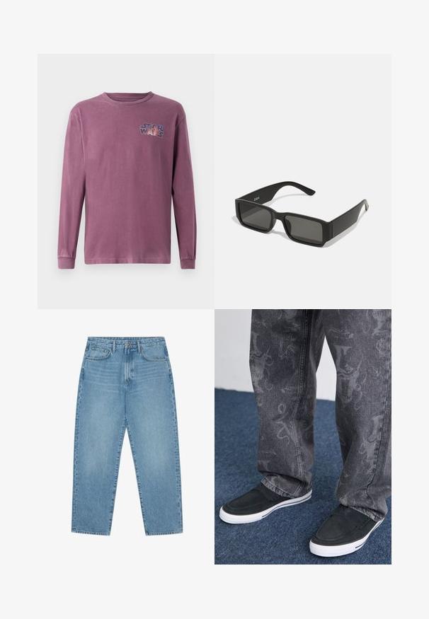 Pitkähihaisessa, pyöreäkaula-aukollisessa t-paidassa on haalistun violetti puuvilla, jossa on värikäs "Star Wars" -logo painettuna vasempaan rintamukseen.; Vaaleansiniset leveälahkeiset farkut korkealla vyötäröllä, joissa on viisi taskua, vyölenkit ja pehmeä, hieman haalistunut pinta.; Mustat löysät kengät valkoisella pohjalla, tekstuurilla, yhdistettyinä harmaisiin farkkuihin, joissa on hienovarainen kuviolaatta, sinisen maton taustalla.; Musta aurinkolasit suorakulmaisine linsseineen, matasta muovista valmistettu kehys ja suorat reunat. Sisähaara on varustettu merkkilogolla.