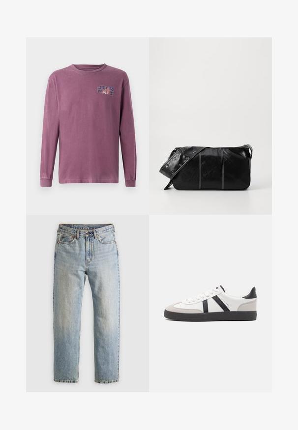 Langärmliges T-Shirt mit Rundhalsausschnitt aus verblasstem lila Baumwollstoff, mit einem bunten "Star Wars"-Logo auf der linken Brust.; Helle blaue Jeans mit hoher Taille, Frontknopf, Reißverschluss und fünf Taschen-Design, flach auf einem neutralen Hintergrund ausgelegt.; Weiße Sneaker mit schwarz- und grau-aczenten, ausgestattet mit einer strukturierten grauen Zehenkappe, schwarzer Gummi-Sohle und flachen weißen Schnürsenkeln. Sauberes Design, minimalistische Stil.; Schwarze Leder Schultertasche mit Reißverschluss, ausgestattet mit einer strukturierten Oberfläche, weißen Nähten und einem Tragegurt mit silbernen Ösen.