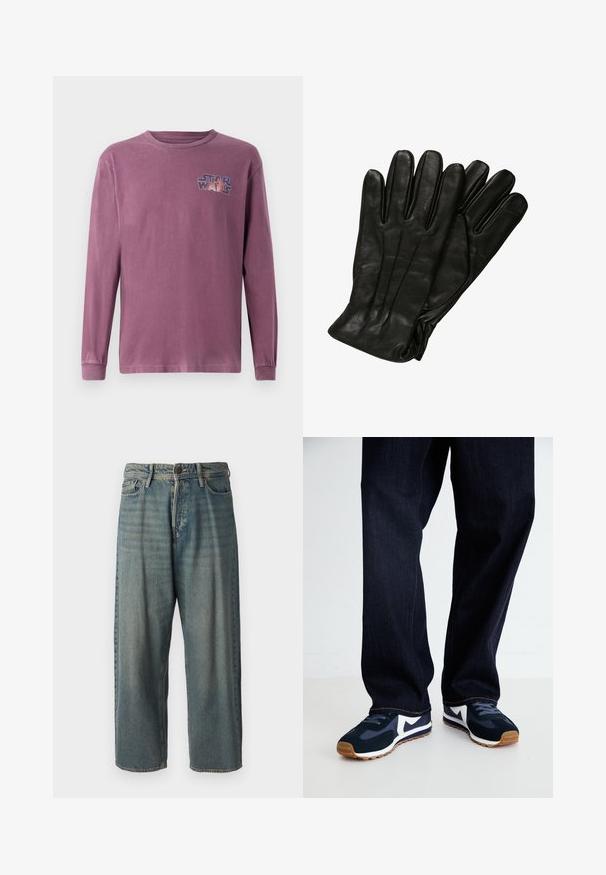 T-shirt de manga longa, com decote redondo, em algodão roxo desbotado, com um logotipo de "Star Wars" impresso no lado esquerdo do peito em um design colorido.; Jeans de ganga azul claro com um corte solto, cintura média e pernas retas. Apresenta cinco bolsos, passadores de cinto e fecho com botão.; Tênis atléticos em azul marinho e branco com um upper texturizado, cadarços e sola de borracha, combinados com calças de ganga escuras com costuras laranja.; Luvas de couro preto com uma textura lisa, cinco dedos e detalhes de costura subtis. Design clássico, adequado para uso em clima frio.
