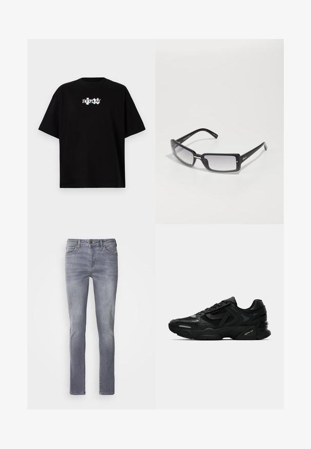 Must must t-särk ümarate kaelustega, lühikeste varrukatega ja ees valge trükitud logo "REPLAY". Minimalistlik disain ja lõtv istuvus.; Helehallid teksad sirge lõikega, viie taskuga, messingist nööbiga kinnitus ja jalgu pehmelt kulunud välimus.; Mustad mustad spordijalanõud tekstuurse ülemise osaga, peegeldavate detailidega ja pehmendatud tallaga. Sisetald on seotud ja külgedel on brändi logo.; Mustad ristkülikukujulised prillid gradient objektiividega, pakse raami ja metallist aktsentdetailidega varrukatel. Ühtlane tekstuur kogu ulatuses.