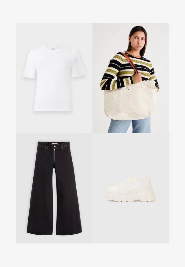Biała koszulka z krótkim rękawem i okrągłym dekoltem, z prostym wykończeniem i metką GAP wewnątrz kołnierza, na jasnym tle.; Jeans o szerokich nogawkach w czarnym denienie z zamkiem błyskawicznym z przodu, pięcioma kieszeniami i subtelnymi detalami przeszycia. Gładka tekstura i swobodny styl.; Białe płócienne trampki z grubą podeszwą, okrągłym noskiem i pięcioma oczkami na sznurowadła. Tylny uchwyt ułatwiający zakładanie. Gładka faktura, minimalistyczny design.; Duża beżowa torba płócienna z brązowymi skórzanymi uchwytami, charakteryzująca się minimalistycznym wzornictwem oraz widocznymi szwami.