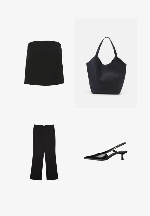 Zwart strapless top van een gladde stof met een rechte halslijn en een vloeiende silhouet. Minimalistisch ontwerp, zonder extra patronen of versieringen.; Zwarte broek met een rechte pasvorm, voorzien van zijzakken en plooien aan de onderzijde. Gemaakt van zachte, gladde stof. Geschikt voor verschillende gelegenheden.; Zwarte gepatineerde leren slingback hakken met een puntige neus, uitsparing aan de zijkant en een kleine vierkante hak. Gladde textuur met minimale accenten.; Zwarte tote tas van glad leer, met een gebogen, open bovenkant en twee schouderbanden, en een minimalistisch ontwerp.