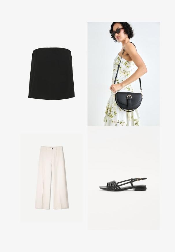 Zwart strapless top van een gladde stof met een rechte halslijn en een vloeiende silhouet. Minimalistisch ontwerp, zonder extra patronen of versieringen.; Crème brede broek met een tailored ontwerp, voorzien van twee voorzakken en een enkele sluiting met een knop aan de voorkant, gemaakt van een gladde stof.; Zwarte platte sandalen met een bandjesontwerp, voorzien van meerdere leren straps en een smalle enkelgesp. De zool is plat en rechthoekig.; Zwarte leren handtas met een gebogen vorm, afneembare schouderband en gouden hardware. De tas heeft een klep met een gespsluiting.