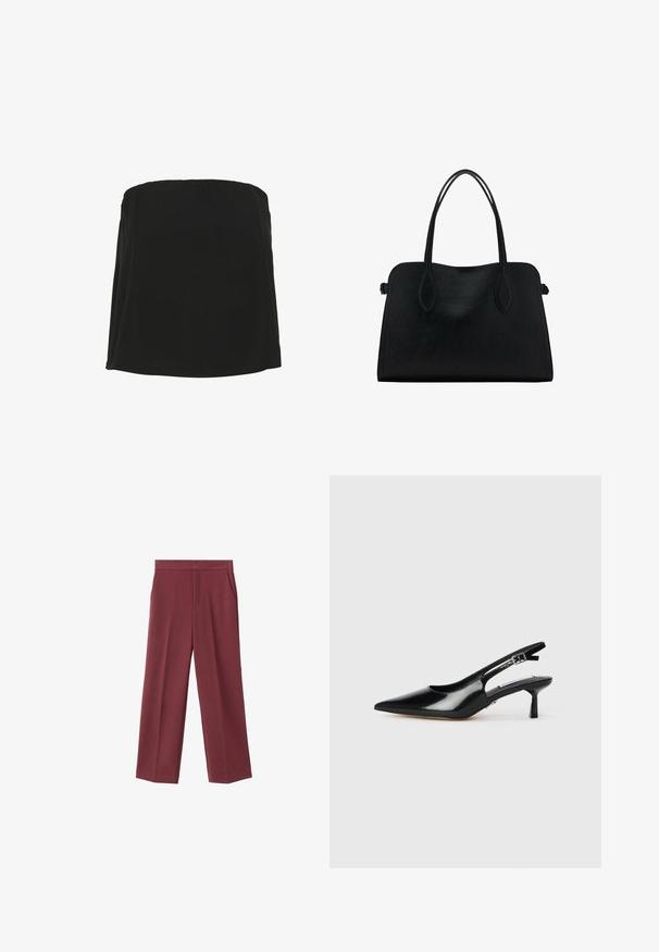 Zwart strapless top van een gladde stof met een rechte halslijn en een vloeiende silhouet. Minimalistisch ontwerp, zonder extra patronen of versieringen.; Bordeaux brede broek met een zachte textuur, voorzien van zijzakken en een hoogtaille ontwerp. Strak gesneden met een nette voorplooi.; Zwarte gepatineerde leren slingback hakken met een spitse neus, dunne hak en verstelbare gespstrap. Gladde textuur met minimale details.; Zwarte leren handtas met dubbele schouderriemen, rechthoekige vorm en minimalistisch ontwerp op een witte achtergrond.