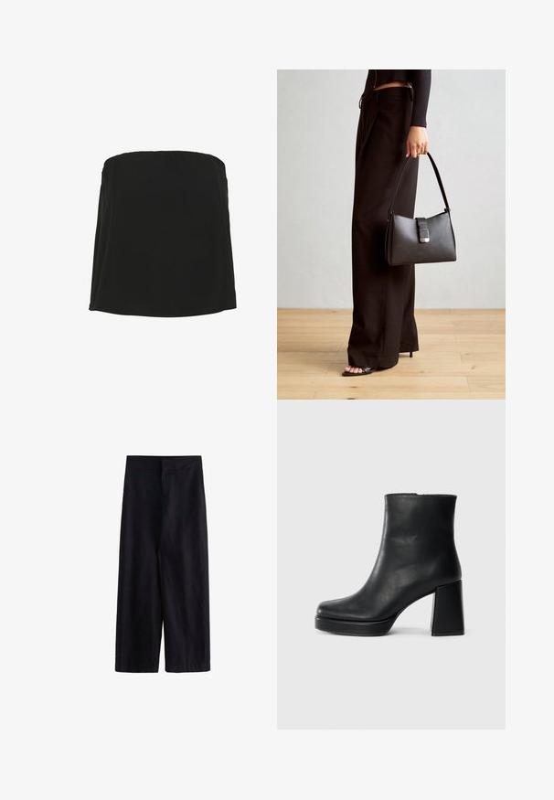 Musta hihaton paita, joka on valmistettu sileästä kankaasta suoran kaula-aukon ja valuva siluetti. Minimalistinen muotoilu, ilman lisäkuvioita tai koristeita.; Mustat leveät housut, valmistettu kevyestä kankaasta. Ominaisuuksiin kuuluu litteä vyötärö, etuvetoketju ja taskut, sopii sekä rentoon että viralliseen käyttöön.; Musta nahkasaapas nilkkapituisena, jossa on paksu korko ja alustapohja, nähtynä sivulta yksinkertaisella valkoisella taustalla.; Musta käsilaukku, jossa on rakenteellinen muoto, sileä pinta ja metallinen solki. Yhdistetty leveisiin mustiin housuihin ja avonaiheisiin sandaaleihin puulattialla.