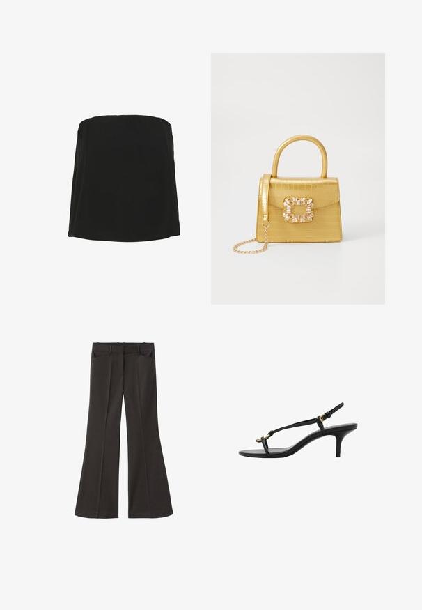 Top negro sin tirantes hecho de una tela suave con un escote recto y una silueta fluida. Diseño minimalista, sin patrones ni adornos adicionales.; Pantalones de campana negros con cintura alta; cuentan con dos bolsillos frontales y una textura de tela suave. Adecuados para diversas ocasiones.; Sandalia de tacón kitten negro de cuero con tiras delgadas, hebilla dorada y lazo para los dedos minimalista sobre un fondo blanco.; Bolso de mano de imitación cocodrilo amarillo con un diseño estructurado, asa superior, correa de cadena desmontable y embellecimiento de cristal decorativo en el cierre.