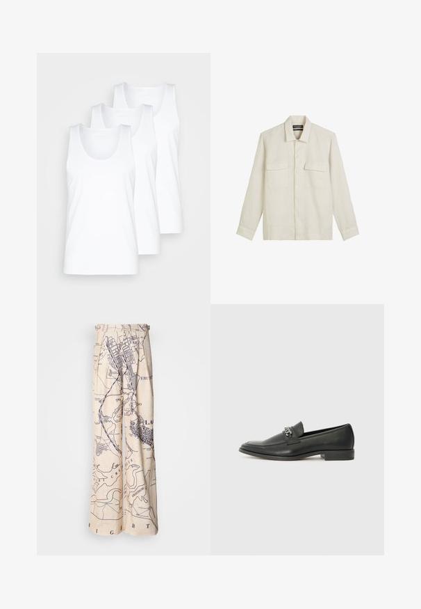 Tre hvite bomullstanker med rund hals og brede skulderstropper, vist i en stablet oppstilling, glatt tekstur, enkel design.; Lys beige linskjorte, langermet, krage-design, to brystlommer og frontknapp lukking. Glatt tekstur og avslappet passform.; Vide benbukser med kartmotiv i marineblått på lys beige bakgrunn, med plisserte detaljer i midjen og en avslappet passform.; Sorte skinnloafers med en glatt finish, og med en sydd design og en dekorativ metallkjedeakcent over foten. Flat hæl.