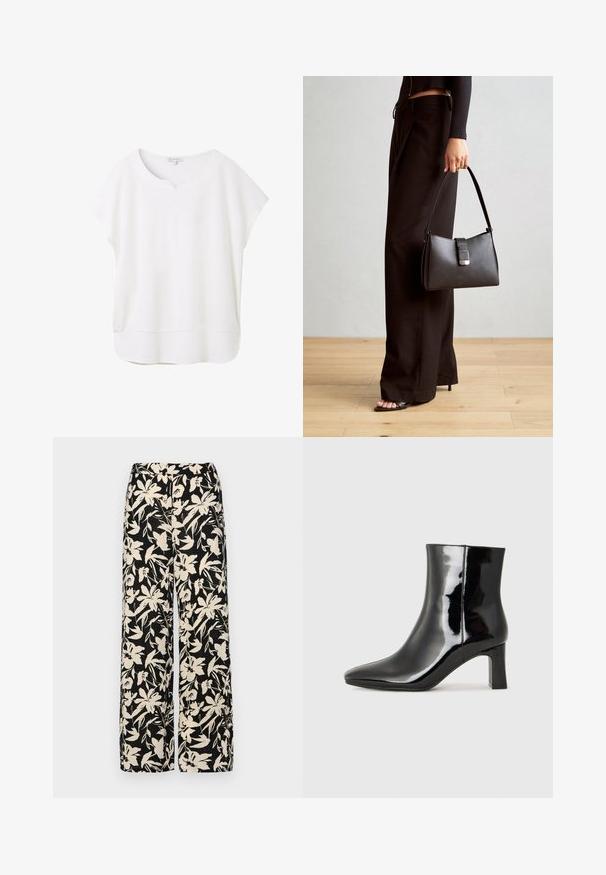 White short-sleeve blouse made from soft fabric. Features a rounded neckline with a small notch and a slightly curved hem for a relaxed fit.; Black wide-leg pants with a cream floral pattern. Made of lightweight fabric, featuring a smooth texture and a high waistband.; Black patent leather ankle boot with a pointed toe and a mid-height block heel. Smooth texture and minimalist design.; Black handbag with structured shape, smooth texture, and a metallic clasp. Paired with wide black pants and open-toe sandals on wooden floor.