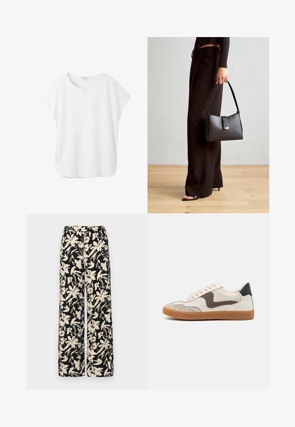 Biała bluzka z krótkim rękawem wykonana z miękkiego materiału. Posiada okrągły dekolt z małym wcięciem oraz lekko zaokrąglony dół, co zapewnia luźny krój.; Czarne spodnie wide-leg z kremowym kwiatowym wzorem. Wykonane z lekkiego materiału, o gładkiej teksturze i wysokim staniku.; Sneakers z górną częścią z kremowej skóry z akcentem z ciemno-brązowego zamszu, beżowymi sznurowadlami i podeszwą z gumowej gumy; klasyczny niski profil.; Czarna torebka o usztywnionym kształcie, gładkiej fakturze i metalowym zapięciem. Połączona z szerokimi czarnymi spodniami i sandałami na otwartym palcu na drewnianej podłodze.