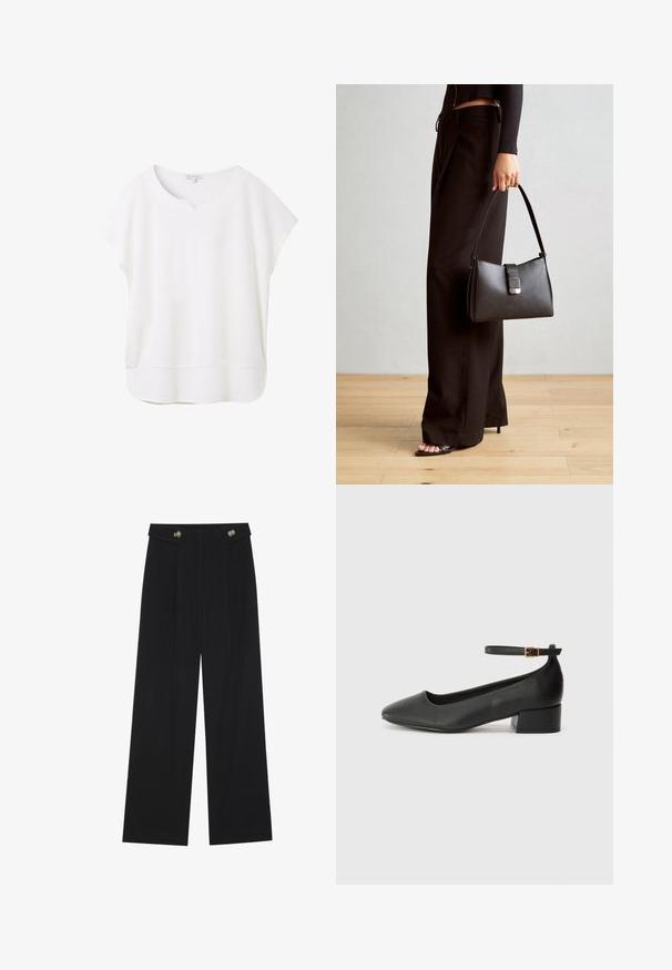 Weiße Bluse mit kurzen Ärmeln aus weichem Stoff. Sie hat einen runden Ausschnitt mit einem kleinen Schlitz und einen leicht geschwungenen Saum für eine entspannte Passform.; Schwarze weite Hosen mit hoher Taille, Knopfdetails am Bund und vorderen Falten.; Schwarze Lederpumps mit spitzem Zehenbereich und niedrigem Blockabsatz. Mit einem Knöchelriemen und einer goldfarbenen Schnalle. Glatte Textur.; Schwarze Handtasche mit strukturierter Form, glatter Textur und einem metallischen Verschluss. Kombiniert mit weiten schwarzen Hosen und offenen Sandalen auf einem Holzboden.