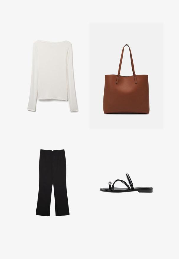 Langärmliges Oberteil aus weichem, weißem Stoff. Verfügt über einen weiten Ausschnitt, einen geraden Saum und eine glatte Textur ohne sichtbare Verzierungen oder Muster.; Schwarze Hose mit geradem Schnitt, ausgestattet mit Fronttaschen und Seitenschlitzen am Saum. Hergestellt aus weichem, glattem Stoff. Geeignet für verschiedene Anlässe.; Schwarze flache Sandalen mit glänzender Oberfläche, drei dünnen Riemen und einem runden Hardware-Detail an den Zehen. Elegantes Design mit einem minimalen Absatz.; Braune Leder-Tote mit glatter Textur, offenem Oberteil und zwei Schulterriemen. Verfügt über minimale Nähte und keine sichtbaren Beschläge.