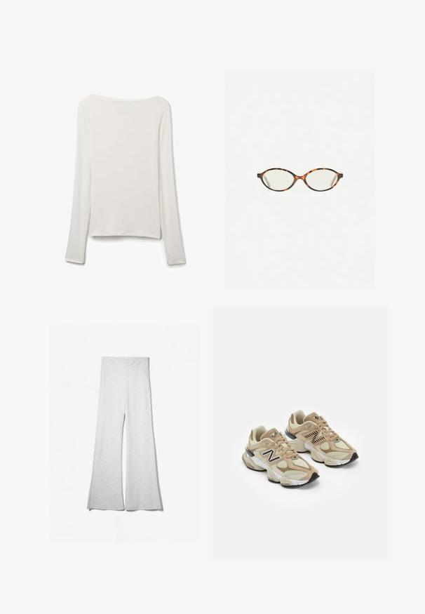 Long-sleeve top in soft, white fabric. Features a wide neckline, straight hem, and smooth texture with no visible embellishments or patterns.; Light gray wide-leg pants made from soft fabric, featuring a high waistband and side slits for added flow and comfort.; Beige sneakers with mesh and suede materials. Features a black logo and textured accents. Thick white midsole and black rubber outsole.; Tortoiseshell eyeglasses with oval lenses and a sleek, smooth finish. Features thin sides with a subtle curve at the temples. Clear lenses.