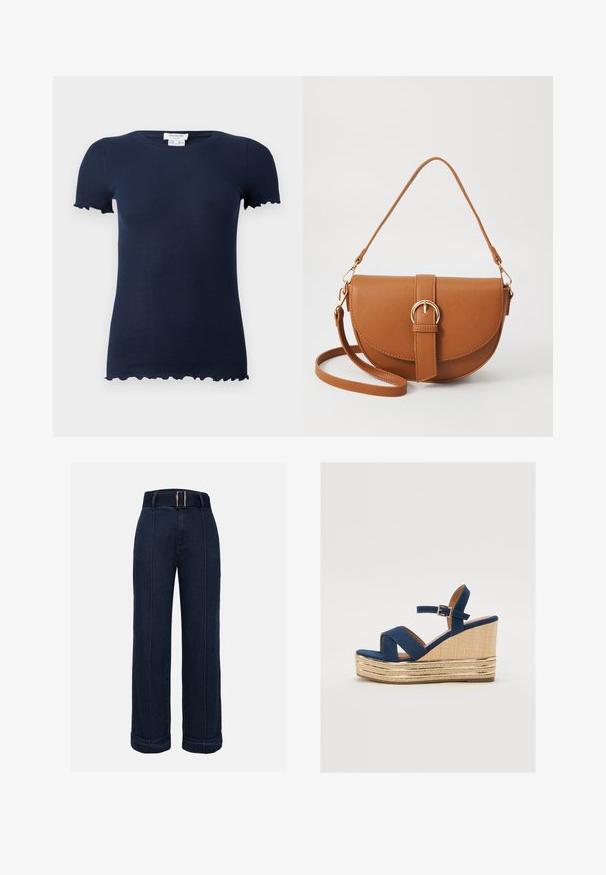 Sötétkék bordázott póló, fitted fazonban, rövid ujjakkal és hullámos szegélyekkel az ujjak végén és az alján. Puha, rugalmas anyag.; Sötétkék, magas derékú, széles lábú farmernadrág övvel, kontrasztos varrással és felgöngyölt szárakkal az alján.; Tengerészeti kékszínű wedges szandál keresztbe fölmérő pántokkal, texturált természetes rostból készült talppal, és arany fémes díszítéssel az alján.; Barna bőr keresztbody táska ívelt formával, aranyszínű fémrészekkel és csat díszítéssel. Levehető vállpánttal rendelkezik.