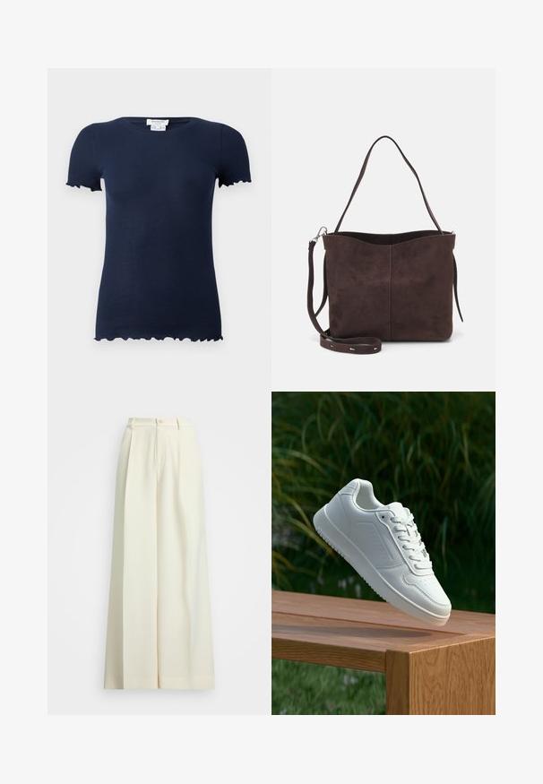 Navy ribbed t-shirt with a fitted design, short sleeves, and scalloped edges at the sleeve hems and bottom. Soft, stretchy fabric.; Wide-leg trousers in off-white fabric, featuring a high waist, double pleats, and a button closure. Smooth texture and tailored design.; White sneaker with a smooth synthetic upper, perforated toe box, flat laces, and a textured sole, displayed on a wooden surface.; Brown suede tote bag with a soft texture, featuring a single shoulder strap and a subtle curved top opening. No visible hardware details.