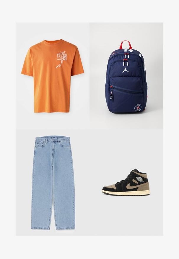 Oranssi puuvillapaita lyhyillä hihoilla, jossa on valkoinen graafiikkakuva koripalloilijasta ja korista vasemmassa rinnassa.; Vaaleansiniset farkut suoran lahkeen muotoilulla, joissa on puolivälin vyötärö, viisi taskua sekä nappi- ja vetoketjusuljenta.; Nilkkapituiset tennarit, joissa mustaa ja luonnonsävyistä mokkaa, rei'itetty varvasosa, beige välipohja, mustat nauhat ja hopeanvärinen logo sivussa.; Laivastonsininen reppu, jossa on punaisia korosteita, useita vetoketjullisia osastoja, logo-patchit ja säädettävät hihnat. Valmistettu kestävästä kankaasta.