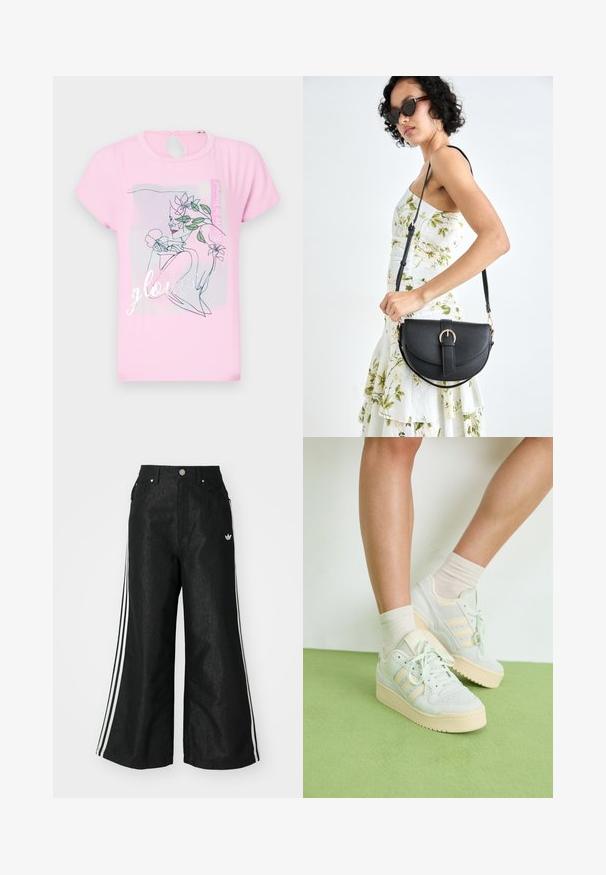 T-shirt rosa de mangas curtas com um design floral e a palavra "brilhou" em prata. Detalhe de corte circular nas costas. Textura suave e macia.; Calças de denim largas pretas com três riscas brancas em cada lado e um pequeno logótipo branco. Apresenta bolsos frontais e um fecho de botão.; Ténis verde claro com uma superfície texturizada, apresentando três riscas brancas, uma sola de borracha creme e um design com atacadores. Usados com meias claras.; Bolsa de couro preta com forma curva, alça destacável e detalhes em dourado. A bolsa possui uma aba com detalhe de fivela.