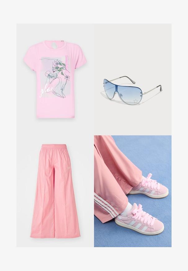Rozā īsām piedurknēm t-krekls ar ziedu dizainu un vārdu "glowed" sudraba krāsā. Apļa izgriezums aizmugurē. Mīksta, gluda tekstūra.; Rozā platajā kājās bikses, kas izgatavotas no viegla auduma, ar elastīgu jostasvietu un smalkām baltām sānu svītrām. Mazs logo priekšā.; Rozā sporta apavi ar gaiši ziliem svītrām, apaļu purngali, un bieziem rozā auklītēm, apvienoti ar rozā sporta biksēm ar baltām sānu svītrām.; Pilotstila saulesbrilles ar gradienta zilām lēcām, sudraba metāla rāmjiem un dekoratīvām zvaigžņu akcentiem uz lēcām. Gluda un eleganta dizaina.