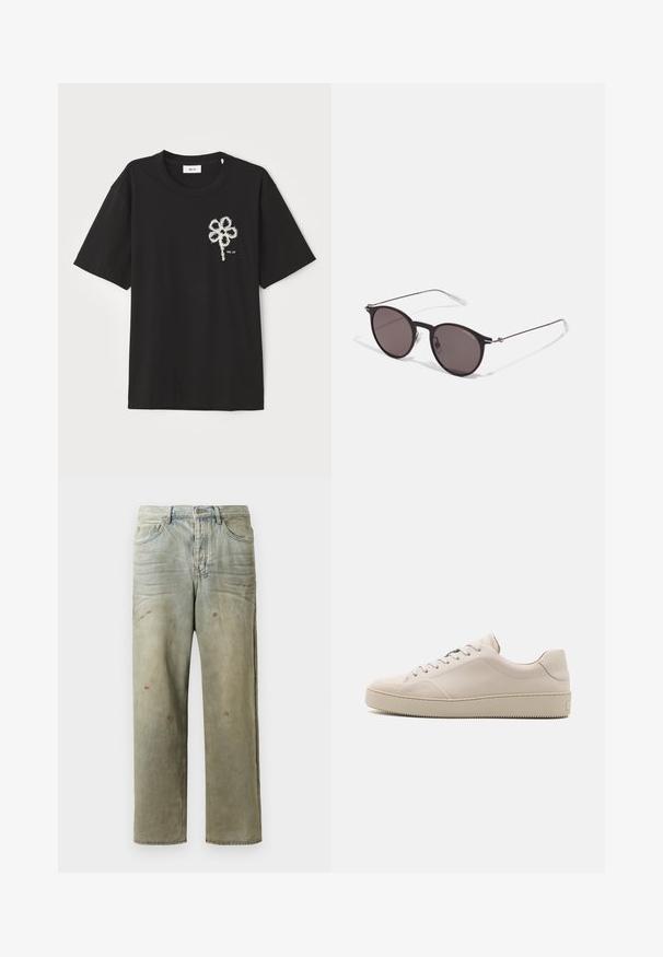 Camiseta de algodón negra con cuello redondo y mangas cortas, con un diseño de flor bordada en blanco en la parte izquierda del pecho.; Jeans de mezclilla desgastados en verde claro, con corte recto, diseño de cinco bolsillos y decoloración desigual con manchas de pintura.; Zapatillas de cuero beige con un acabado suave, punta redondeada, suela plana y un diseño clásico de cordones. Detalles sutiles de costura y suela texturizada.; Gafas de sol redondas negras con lentes oscuros y brazos metálicos delgados. Incluye puntas de varilla transparentes y acentos plateados en la bisagra. Diseño minimalista.