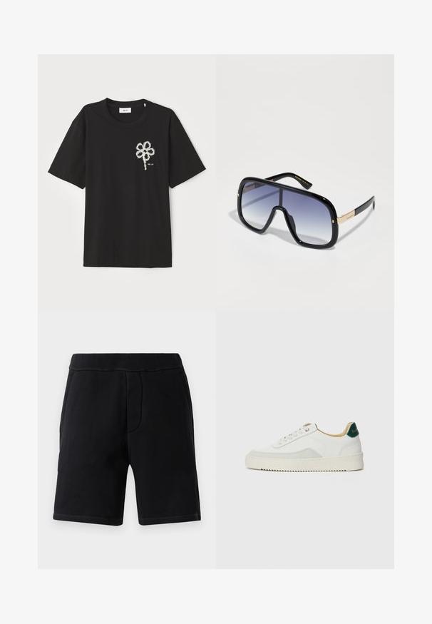 Camiseta de algodón negra con cuello redondo y mangas cortas, con un diseño de flor bordada en blanco en la parte izquierda del pecho.; Shorts deportivos negros hechos de material suave; cuentan con una cinturilla elástica, dos bolsillos laterales y costuras en contraste.; Zapatilla blanca con acentos de ante, puntera redondeada, cordones planos y suela de goma color crema. Presenta un logo verde en el talón.; Gafas de sol negras de gran tamaño con lentes púrpuras degradados, acabado brillante y detalles dorados en las patillas. Forma de marco rectangular.
