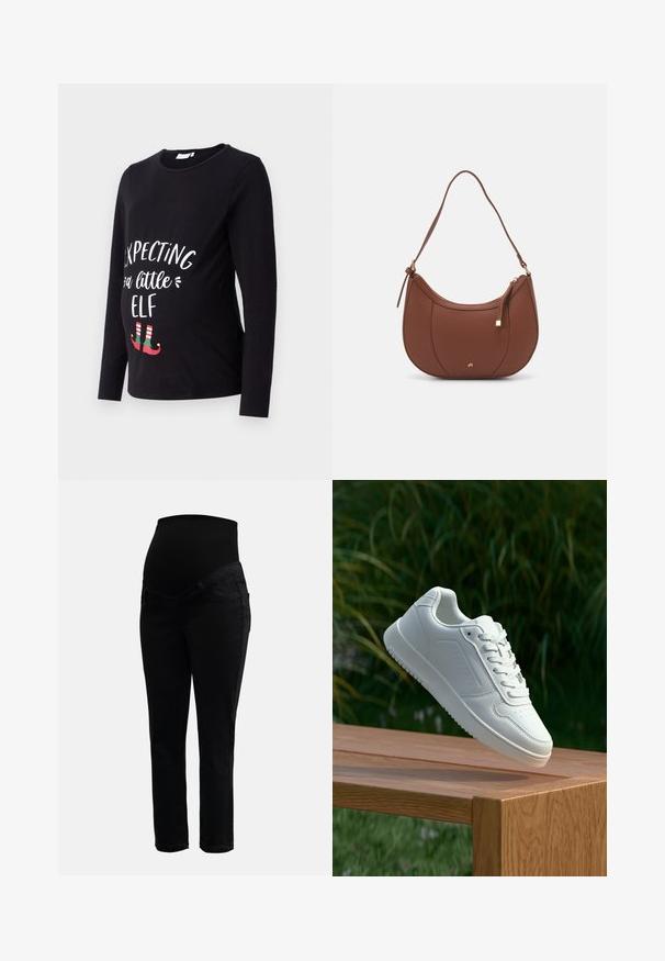 Camisa de maternidade preta de mangas longas com o texto branco "À Espera de um Pequeno Elfo" e sapatos de elfo verdes e vermelhos na parte inferior. Material de algodão macio.; Calças de maternidade pretas com cintura alta elástica e pernas slim-fit, projetadas para oferecer conforto e apoio durante a gravidez.; Sapatilha branca com um cabedal sintético liso, caixa dos dedos perfurada, atacadores planos e uma sola texturizada, exposta sobre uma superfície de madeira.; Mala de ombro em pele sintética castanha com forma curva, costura minimalista e detalhe em metal dourado. Apresenta fecho de zíper no topo e alça ajustável.