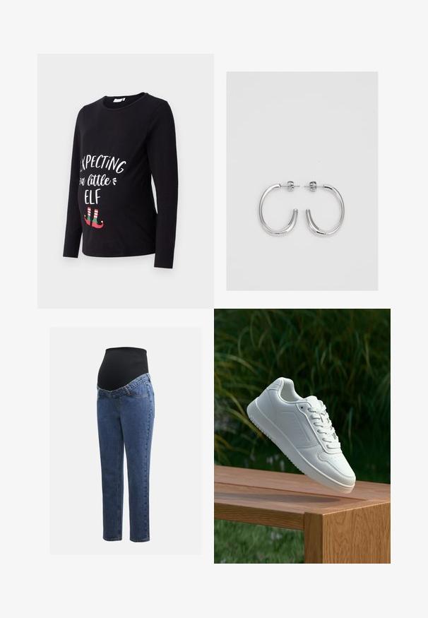 Czarna koszulka ciążowa z długim rękawem, z białym napisem "Oczekując małego elfa", z zielonymi i czerwonymi butami elfów na dole. Wykonana z miękkiego bawełnianego materiału.; Spodnie ciążowe z niebieskimi nogawkami z denimu i czarną elastyczną tablicą brzuszną, zaprojektowane w celu wsparcia i pokrycia rosnącego brzucha.; Biały sneaker z gładką syntetyczną cholewą, perforowanym noskiem, płaskimi sznurowadłami i teksturowaną podeszwą, wyeksponowany na drewnianej powierzchni.; Srebrne kolczyki koła o gładkiej, błyszczącej powierzchni, z zakrzywionym kształtem i zapięciem na sztyft. Minimalistyczny design z nowoczesnym wykończeniem.