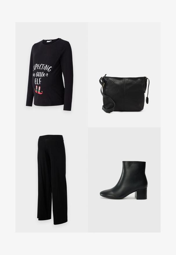 Černé těhotenské tričko s dlouhým rukávem, na němž je bílý nápis "Očekáváme malého elfíka" s zelenými a červenými elfími botami na spodní části. Měkký bavlněný materiál.; Černé kalhoty s širokými nohavicemi, elastickým pasem a hladkou, pružnou texturou. Mají jednoduchý design, bez vzorů nebo ozdob.; Černé kožené kotníkové boty s špičatou špičkou a robustním podpatkem. Hladký povrch s minimálními akcenty a elegantním, přiléhavým designem.; Černá kožená kabelka přes rameno s plochým tvarem, zlatými kovovými detaily a nastavitelným popruhem. Hladký povrch s minimem švů.