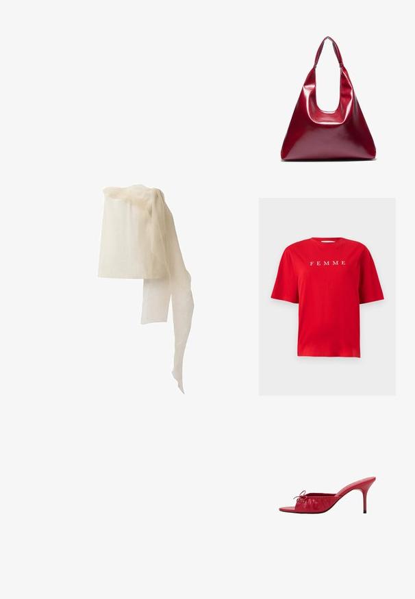 Rotes T-Shirt aus Baumwolle mit kurzen Ärmeln, auf dem die Worte "FEMME" in Weiß über die Brust gedruckt sind. Einfaches, lässiges Design.; Leinenkopfbedeckung in Off-White, zylindrische Form mit einem durchsichtigen, fließenden Schal, der oben drapiert ist und eine weiche, durchsichtige Textur aufweist.; Rote Leder-Slipper mit offenem Zehenbereich, gefältetem Design und einer dekorativen Schleife. Ausgestattet mit einem Stiletto-Absatz und glatter Oberfläche.; Rote glänzende Lederhandtasche mit dreieckiger Form, breiter Öffnung oben und einem geschwungenen Griff. Glatte Textur mit minimalen Nähdetails.