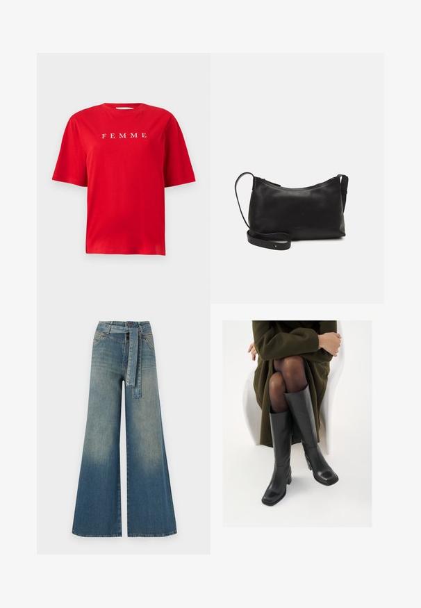 T-shirt rossa in cotone con maniche corte, caratterizzata dalla scritta "FEMME" stampata in bianco sul petto. Design semplice e dal taglio rilassato.; Pantaloni in denim a gamba larga con una sfumatura che va dal blu chiaro al blu scuro, vita alta, passanti per cintura e una cintura in tessuto coordinato. Finitura in denim strutturato.; Stivali neri in pelle alti fino al ginocchio con punta squadrata e tacco a blocco, mostrati con un modello seduto in un cappotto verde oliva. Texture liscia, dettagli minimi.; Borsa a spalla in pelle nera con una texture liscia, forma curva, tracolla regolabile e chiusura con zip. Design minimalista senza ornamenti.