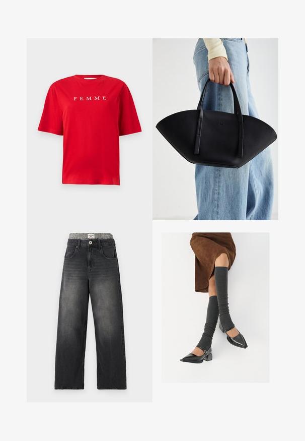 Rød bomulds T-shirt med korte ærmer, med ordet "FEMME" trykt i hvidt på brystet. Enkel, afslappet pasform.; Sorte denim bredbenede jeans med et houndstooth-mønster i taljen. Funktioner inkluderer sidelommer og en knaplukning. Slidt tekstur.; Sorte patenterede lædersko med spids tå, blokhæl og ankelrem, kombineret med grå ribbede benvarmere og en brun ruskinds nederdel.; Sort læderhåndtaske med en unik vifteform, der har flade håndtag. Overfladen har en pebblelignende tekstur og et minimalistisk design.