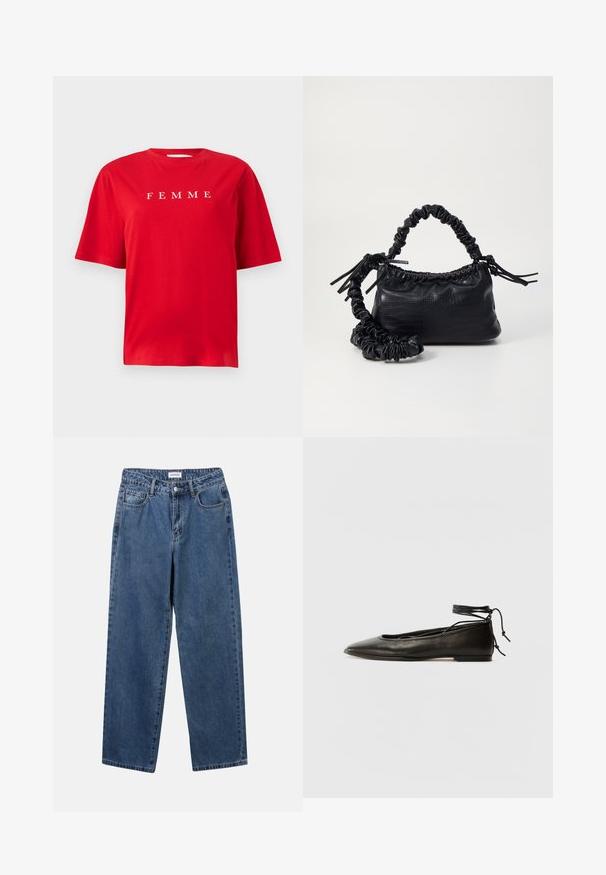 Rød bomulls t-skjorte med korte ermer, med ordet "FEMME" trykket i hvitt på brystet. Enkel, avslappet passform design.; Klassiske blå denimjeans med rett ben-design, fem lommer og knappelukking. Har en middels vask og solid tekstur.; Svarte lær balletflater med spiss tå, ankelbånd og flat såle, som har en glatt tekstur og minimalistisk design.; Svart faux skinn-håndveske med krokodilletekstur, strammet topp og en rynket stropp. Ser myk og kompakt ut i designen.